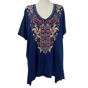 Johnny Was Salome Drape Top V-Neck Navy Multicolor Embroidered Split Hem Size 2X